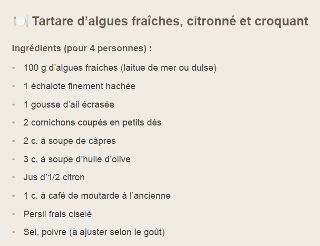ingrédients d'une recette de tartare d'algues